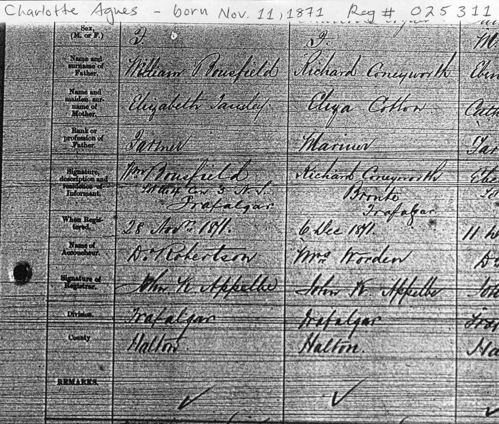 Photocopy of Charlotte Agnes Cunneyworth birth registration