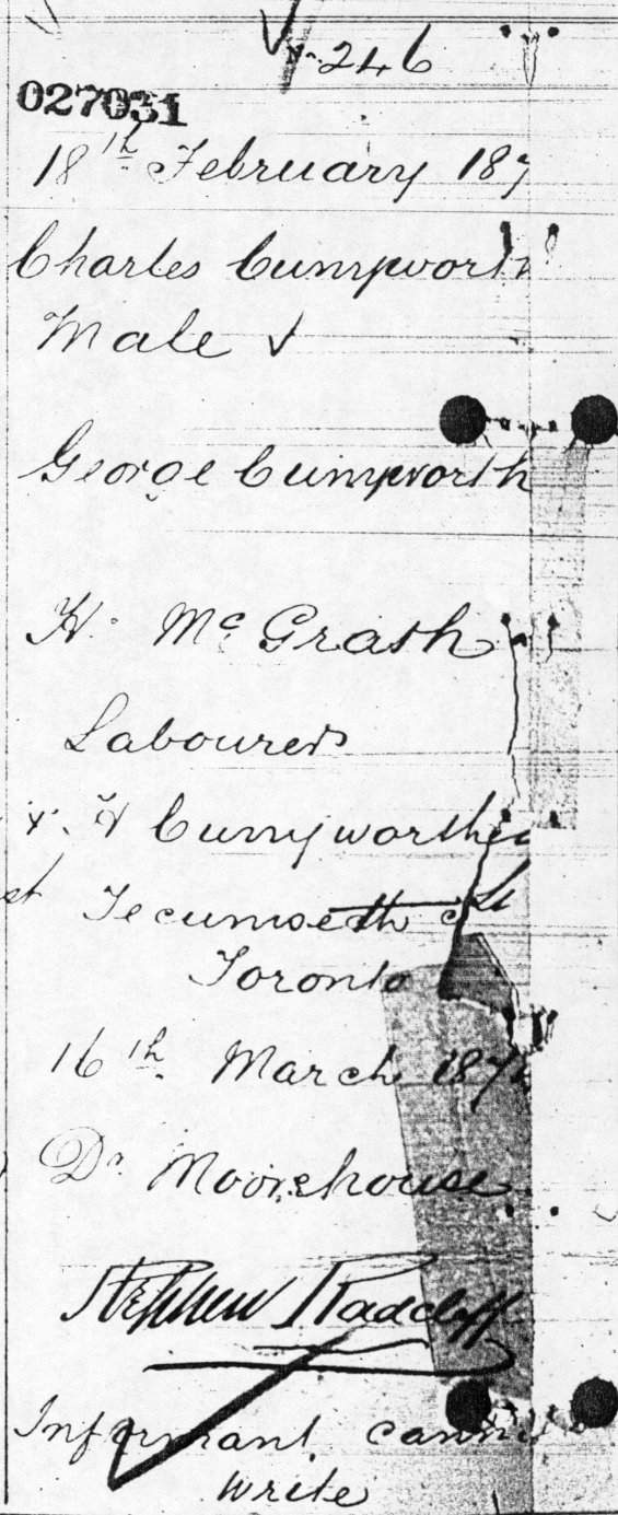 Photocopy of Charles Cunneyworth birth registration
