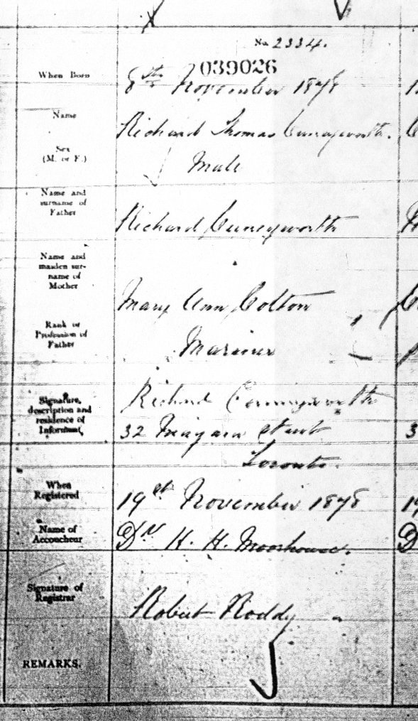 Photocopy of Richard Thomas Cunneyworth birth registration
