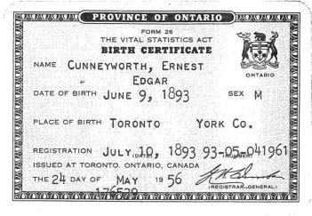 Ernest Cunneyworth birth certificate front