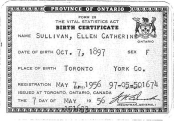 Ellen Catherine Sullivan birth certificate front