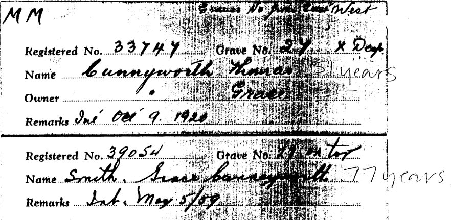 Photocopy of Necropolis grave registration for Thomas Cunneyworth