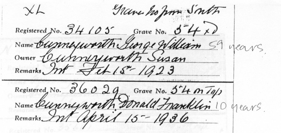 Photocopy of Necropolis grave registration for Donald Franklin Cunneyworth