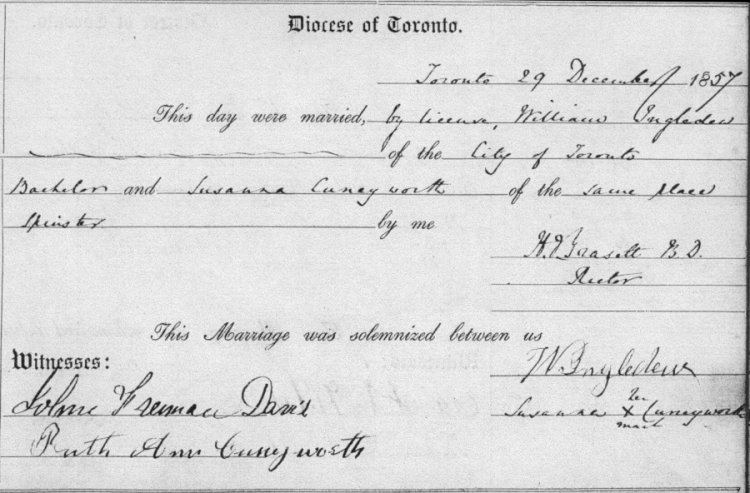 marriage registration for Susanna Cuneyworth 
and William Ingledew