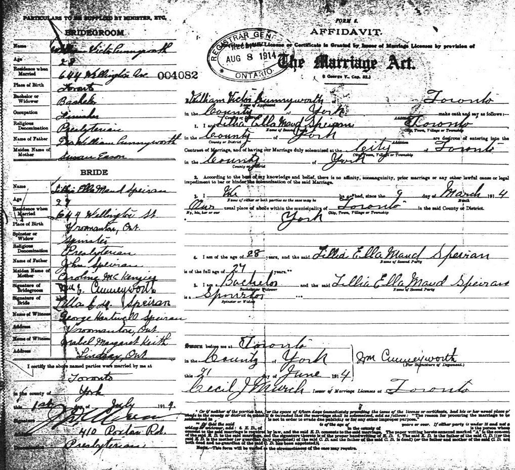 marriage registration for William Victor Cuneyworth 
and Lilla Ella Maud Speiran