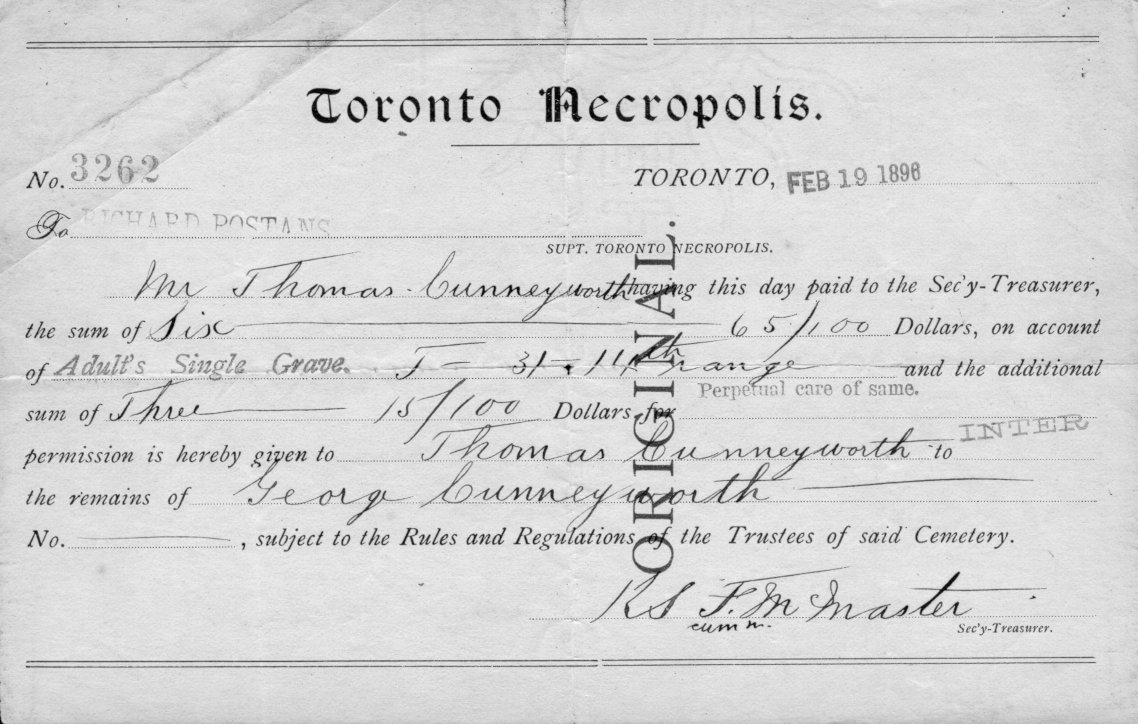Photocopy of Necropolis interment receipt for George Cunneyworth